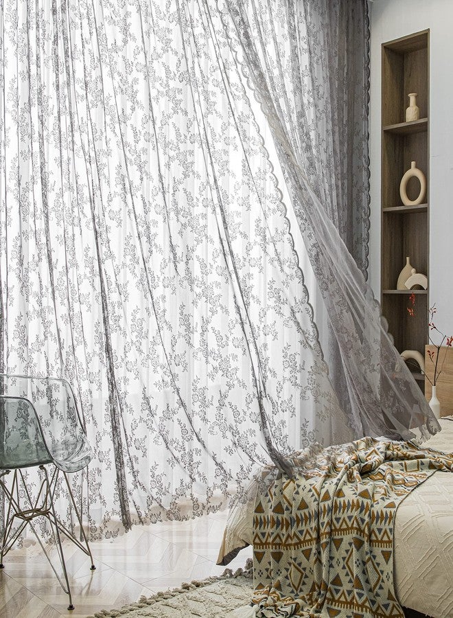 Sutuo Home ستائر دانتيل من Sutuo Home، طول 63 بوصة، طقم من قطعتين، لون رمادي شفاف، بنقشة زهور عتيقة، مناسبة لغرفة النوم/غرفة المعيشة/المطبخ، جيب للعمود، عرض 57 × طول 63 بوصة - Image 1